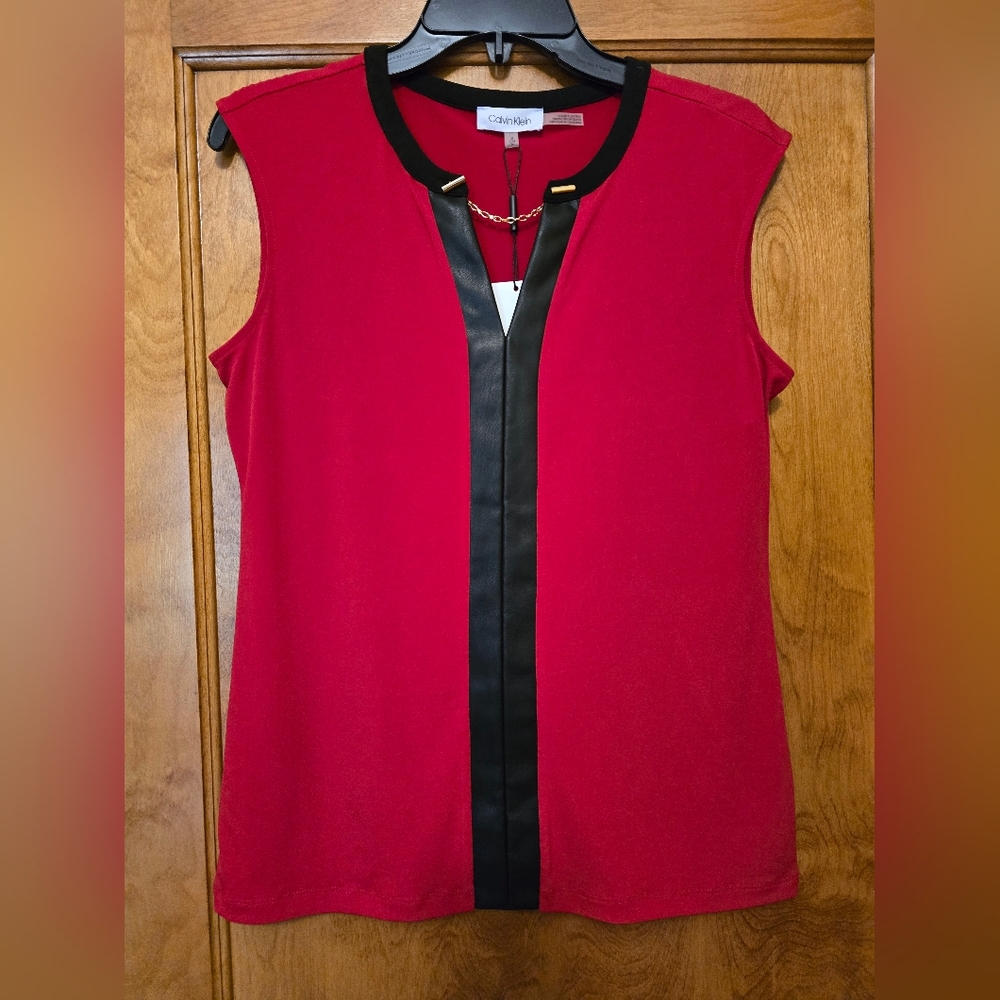 Calvin Klein Red Sleeveless Blouse with Black Accent